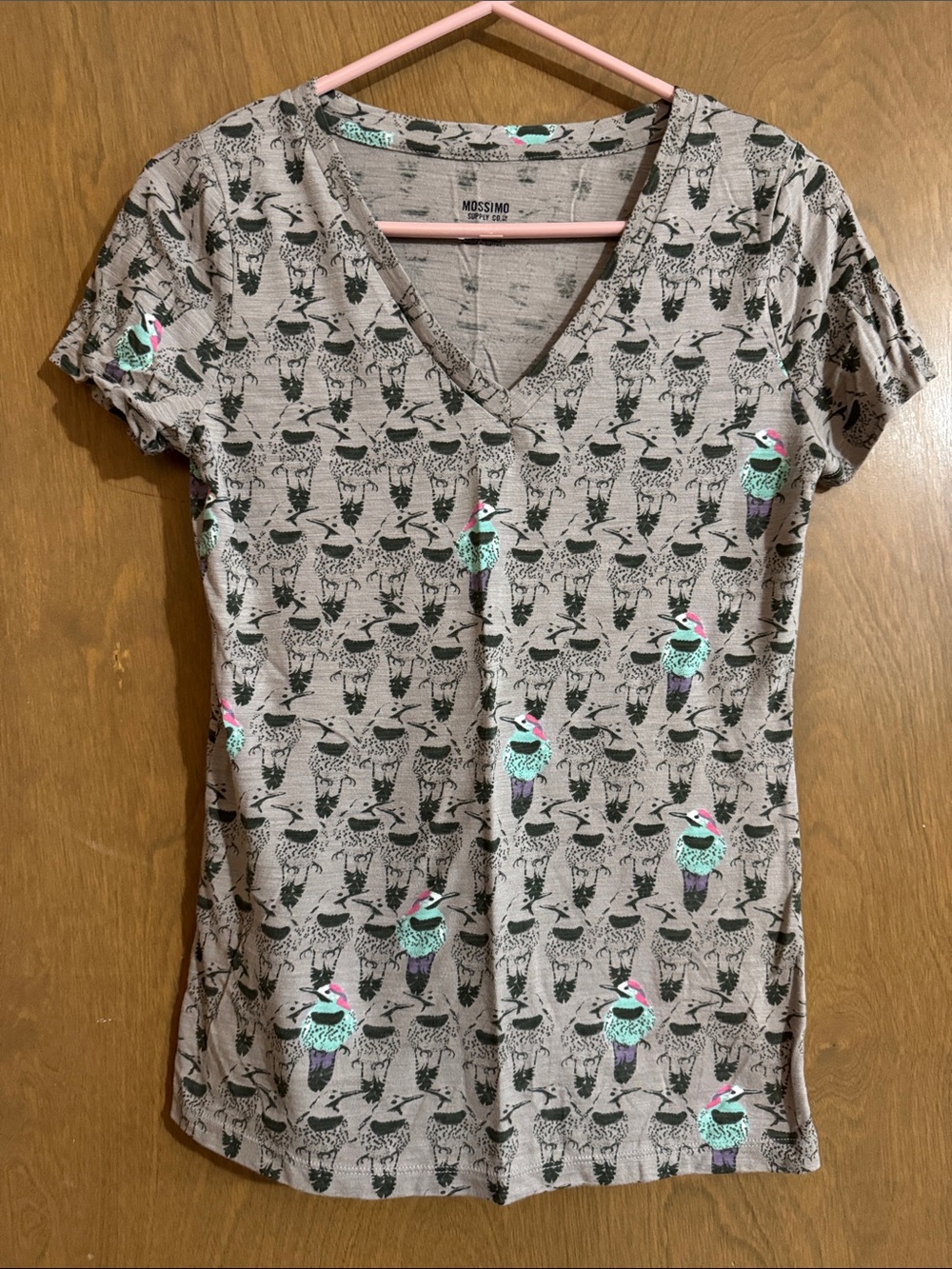 NWOT: Mossimo Supply Co. Taupe V-Neck Short Sleeve Tee with Mint & Pink Birds